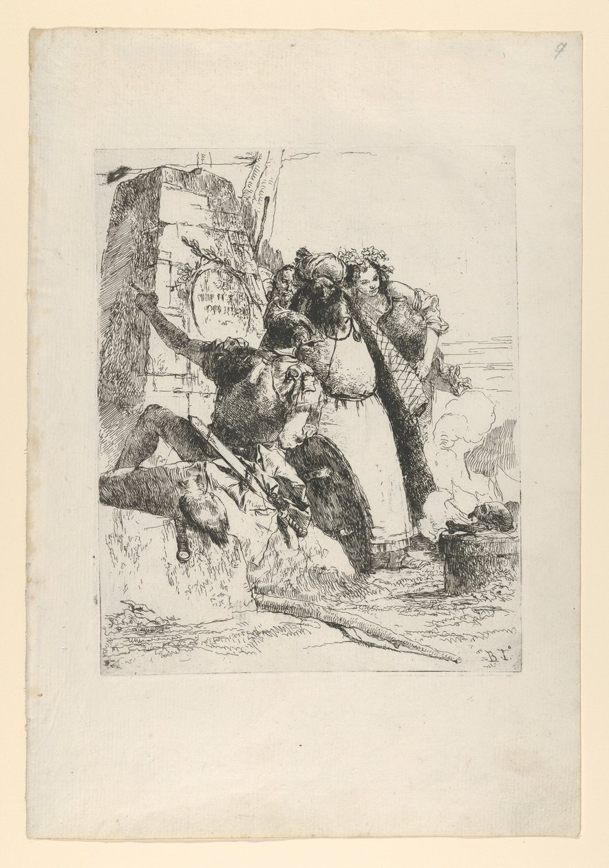 En trollkarl, en soldat och tre figurer som tittar på en brinnande skalle från Scherzi d..., ca. 1743-50. av Giovanni Battista Tiepolo