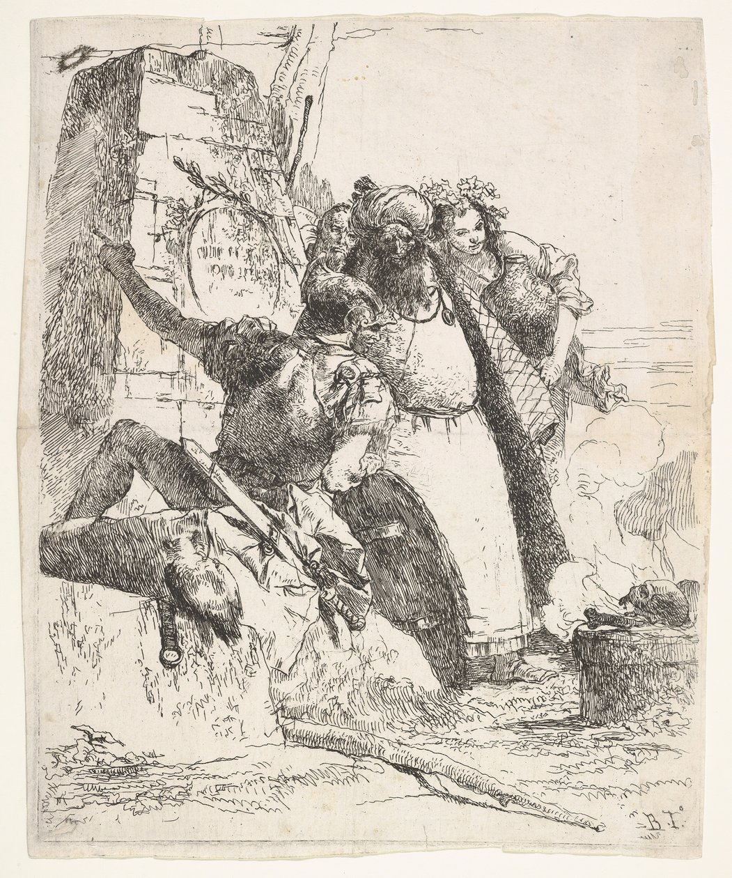 En scen av nekromanti: en kvinna som bär ett fartyg, en man med turban och en soldatblick..., ca. 1743-57. av Giovanni Battista Tiepolo