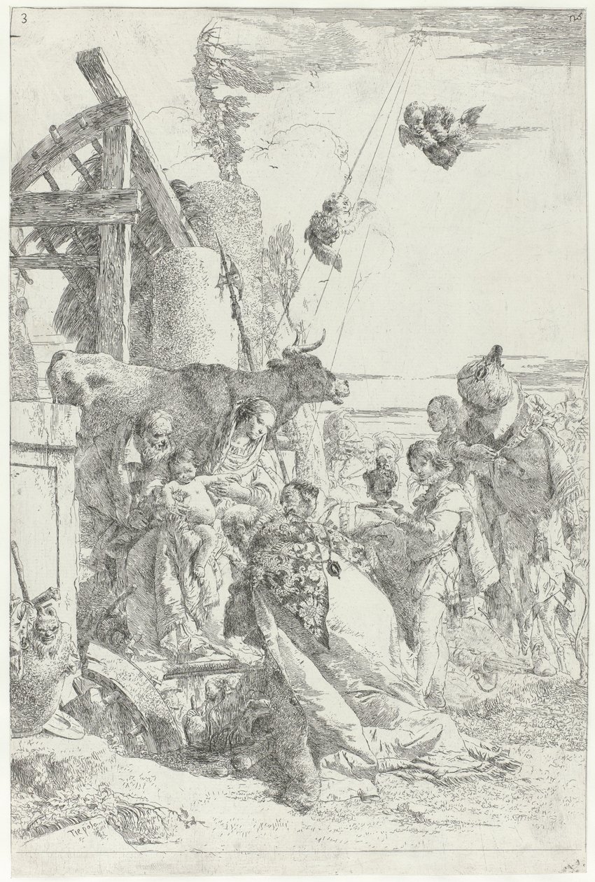 Tillbedjan av Kristusbarnet av Three Magi Scherzi di fantasia (serietitel) av Giovanni Battista Tiepolo