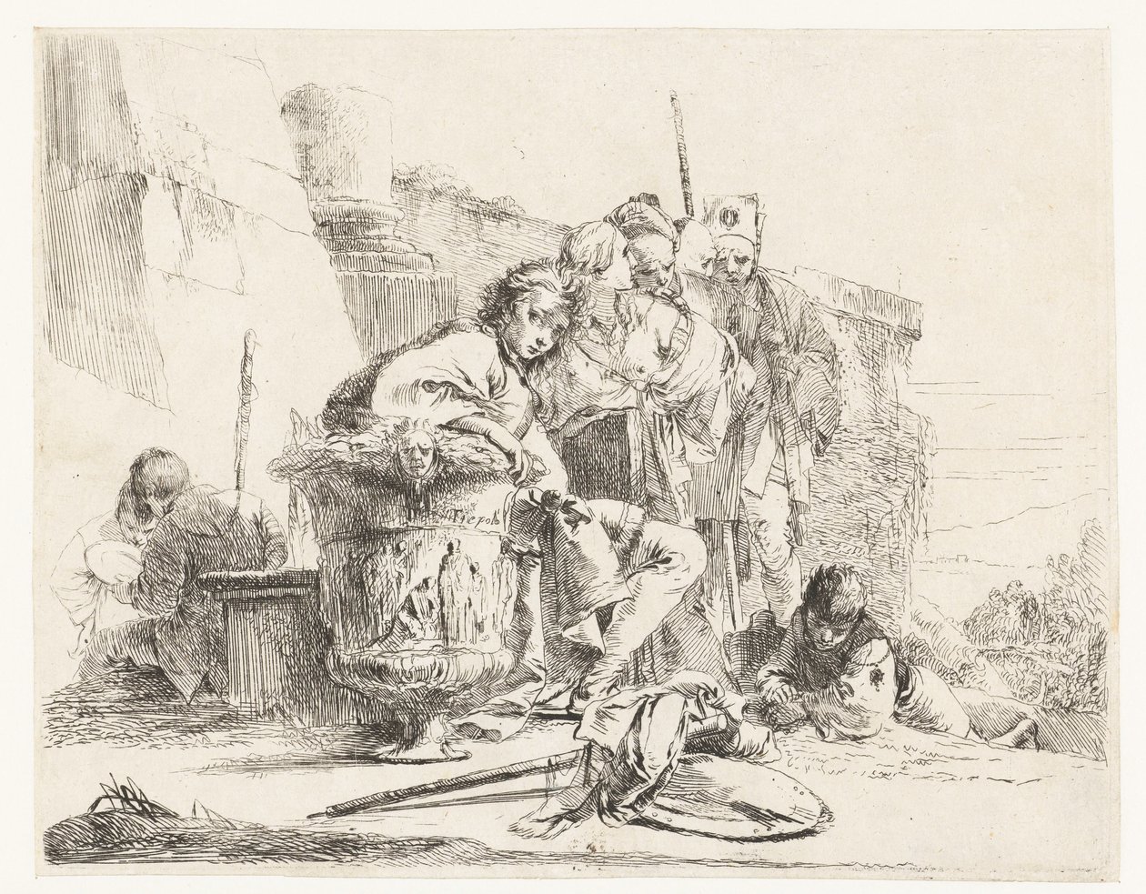 Pojke som sitter bredvid en vas med några andra människor av Giovanni Battista Tiepolo