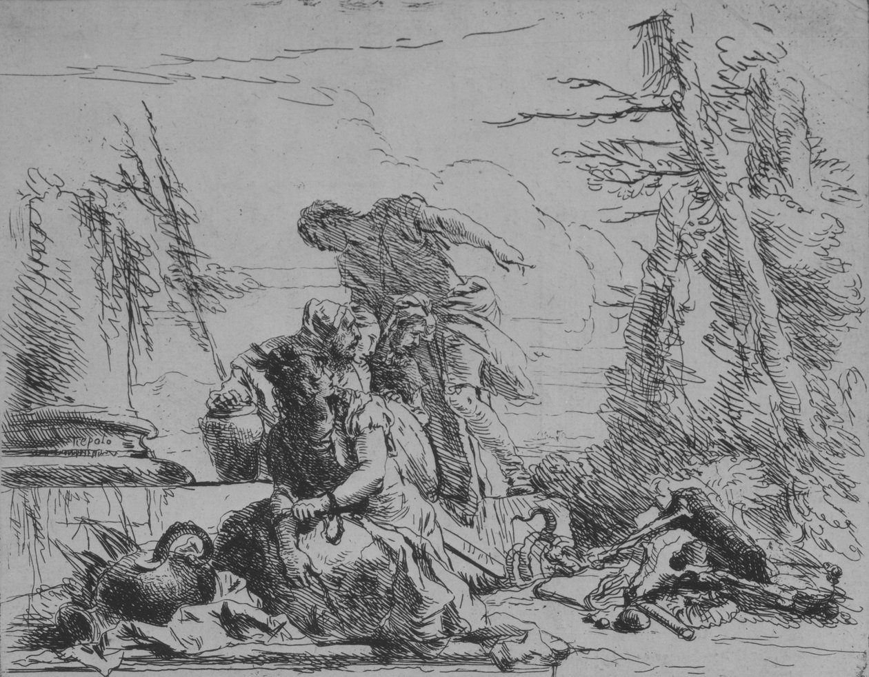 Kedjad kvinna och andra figurer angående en bål av ben, från Capricci, 1743. av Giovanni Battista Tiepolo