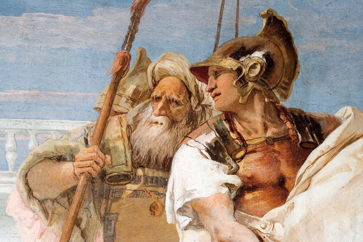 Detalj av Aeneas, från Aeneid presenterar Amor, förklädd till Ascanius, till Dido, från Aeneidens rum i Palazzina, 1757 av Giovanni Battista Tiepolo