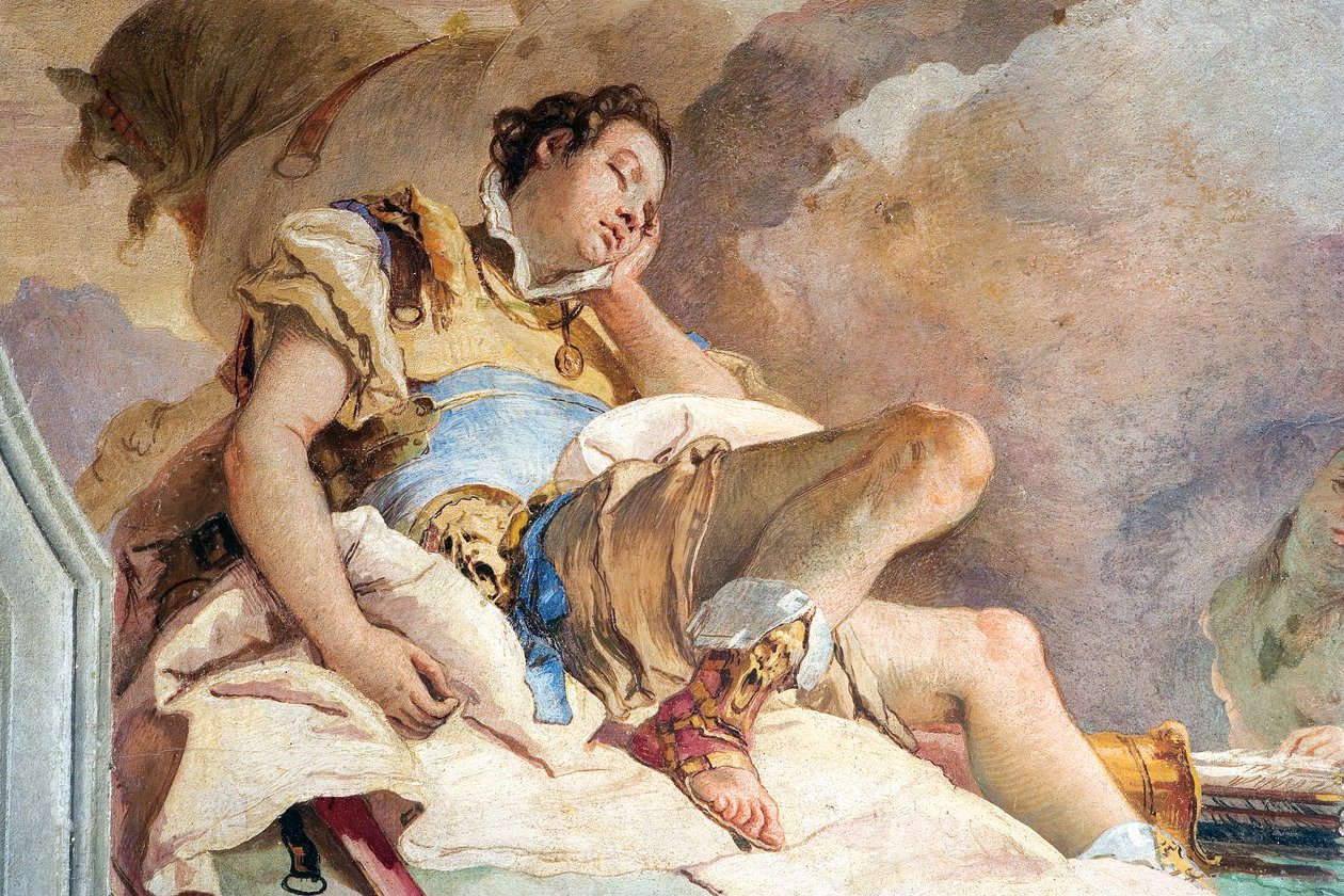 Detalj av Rinaldo, från Armida Abducting the Sleeping Rinaldo, från Jerusalems rum Levererad i Palazzina, 1757 av Giovanni Battista Tiepolo