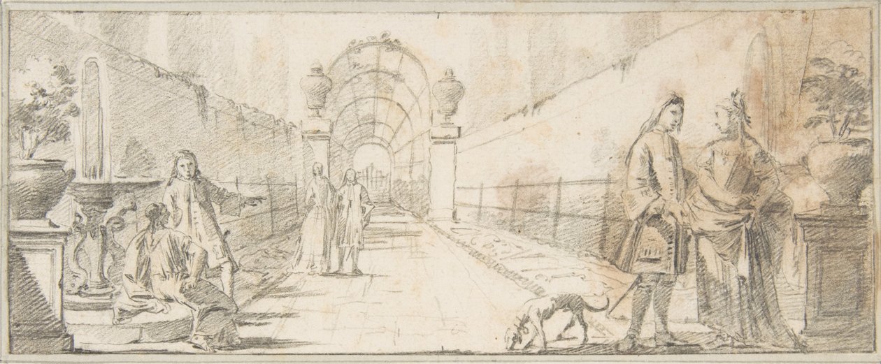 Illustration till en bok:  Personer i samtal i en trädgård av Giovanni Battista Tiepolo