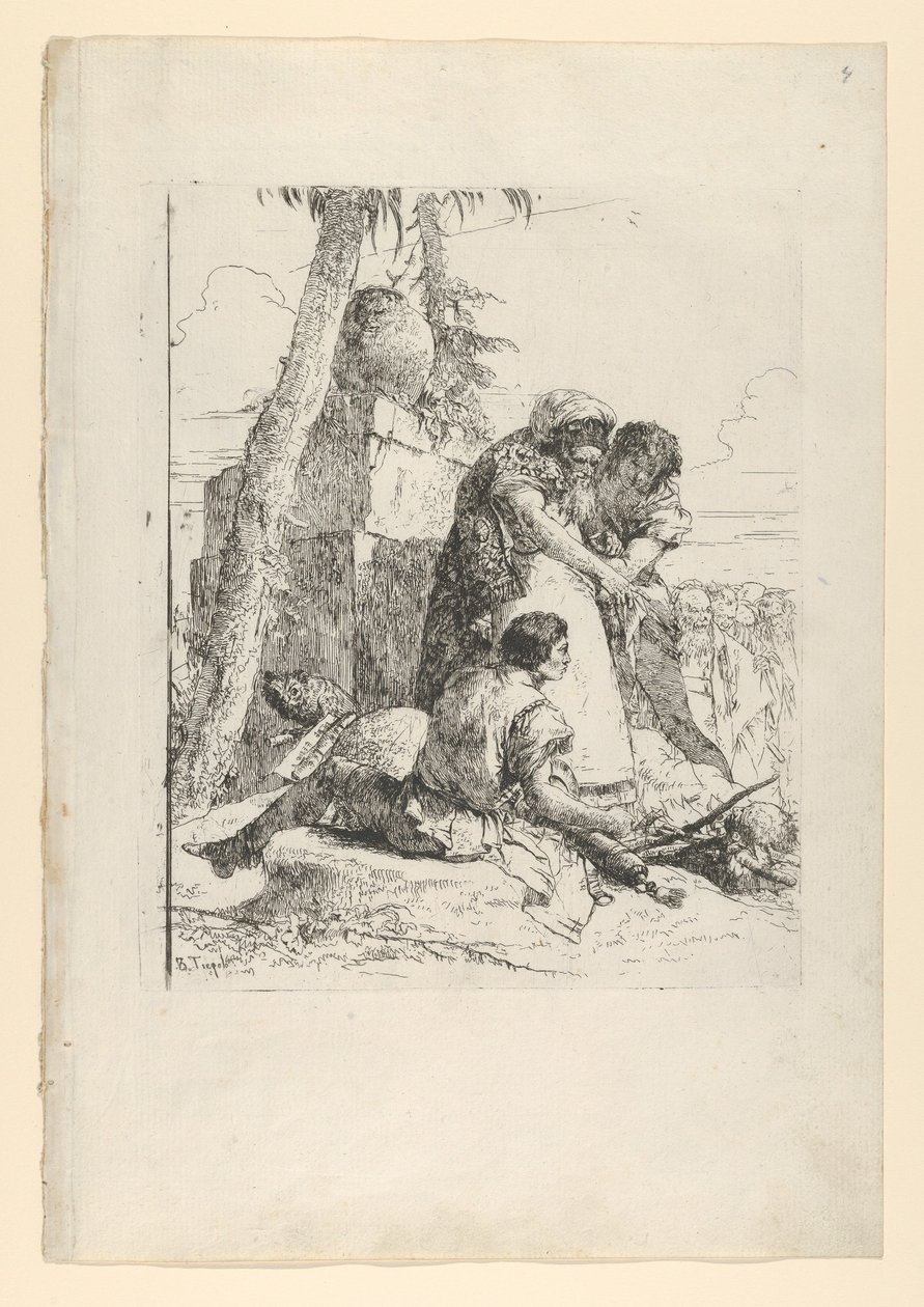Trollkarl som pekar ut ett brinnande huvud till två ungdomar, från Scherzi, ca. 1743-50. av Giovanni Battista Tiepolo