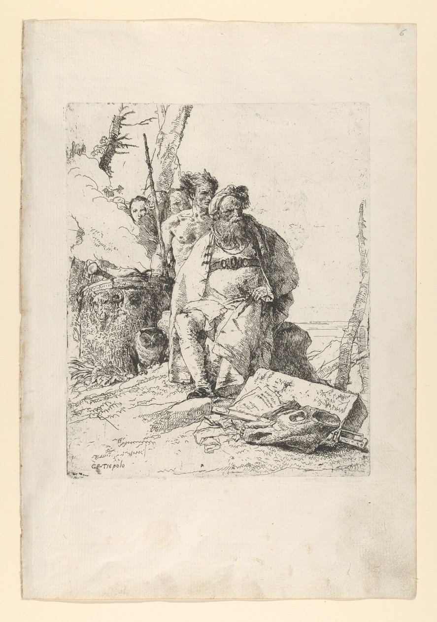 Trollkarl med fyra figurer nära ett rykande altare, från Scherzi, ca. 1743-52. av Giovanni Battista Tiepolo