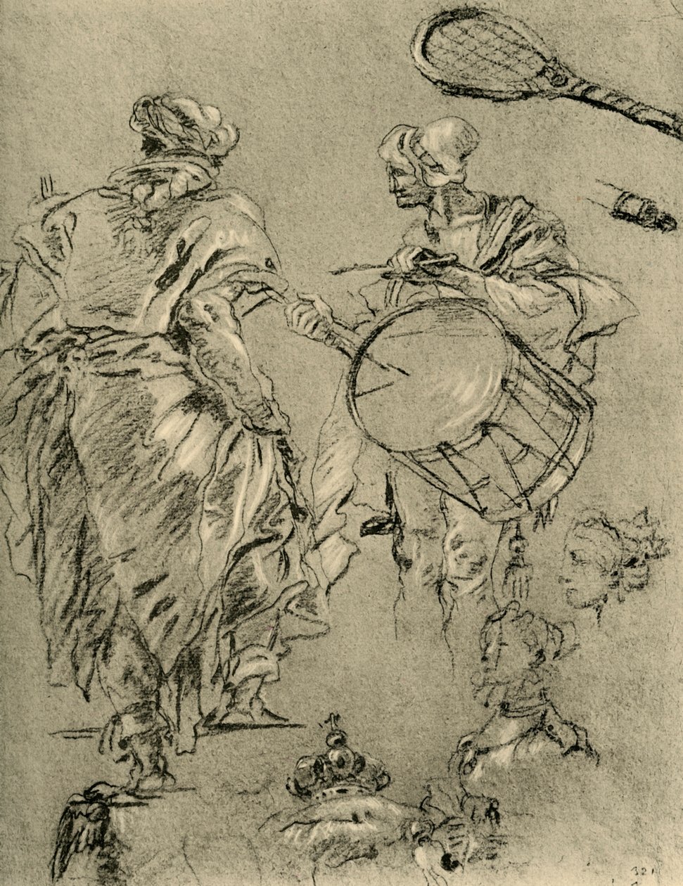 Man sedd bakifrån, en trummis och små studier, 1751-1752, 1928 av Giovanni Battista Tiepolo