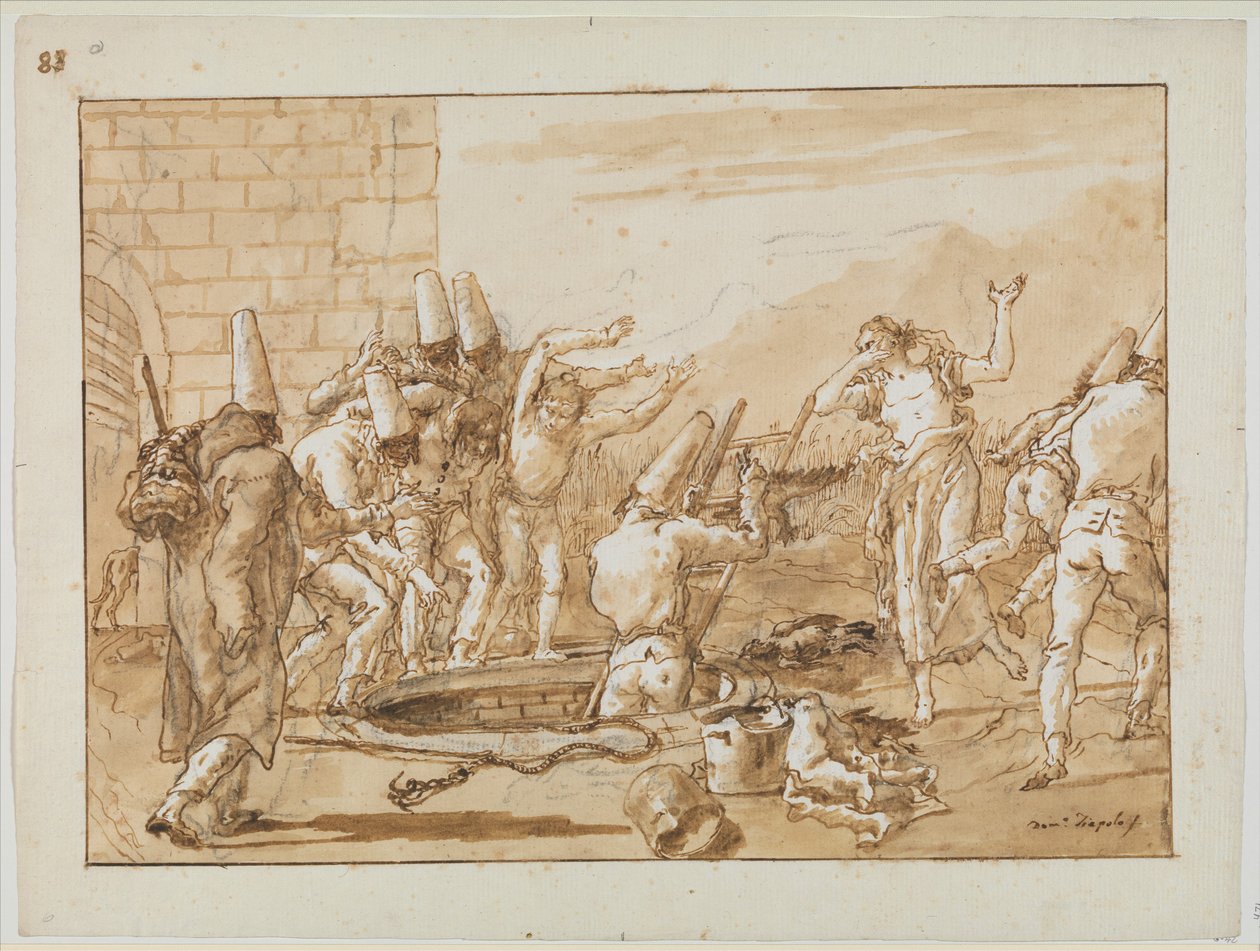 Punchinello hämtar döda höns från en brunn, ca 1800 av Giovanni Battista Tiepolo