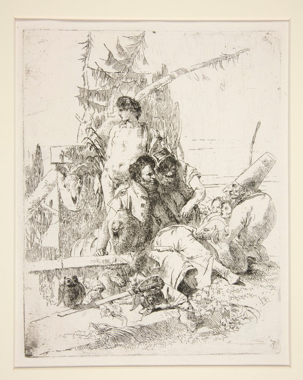 Punchinello pratar med de två magikerna, från serien Scherzi di Fantasia av Giovanni Battista Tiepolo