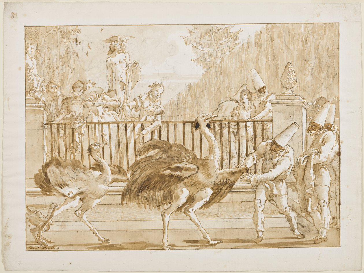 Punchinello med strutsarna, c.1800 (penna & ljusbrunt bläck (förmodligen bistre) och pensel tvätta över svart krita på lagt papper) av Giovanni Battista Tiepolo