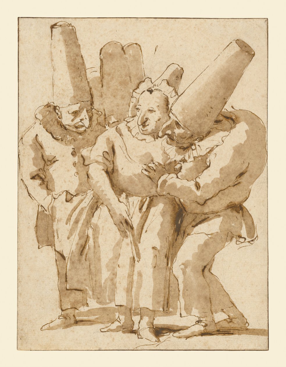 Punchinellos närmar sig en kvinna av Giovanni Battista Tiepolo