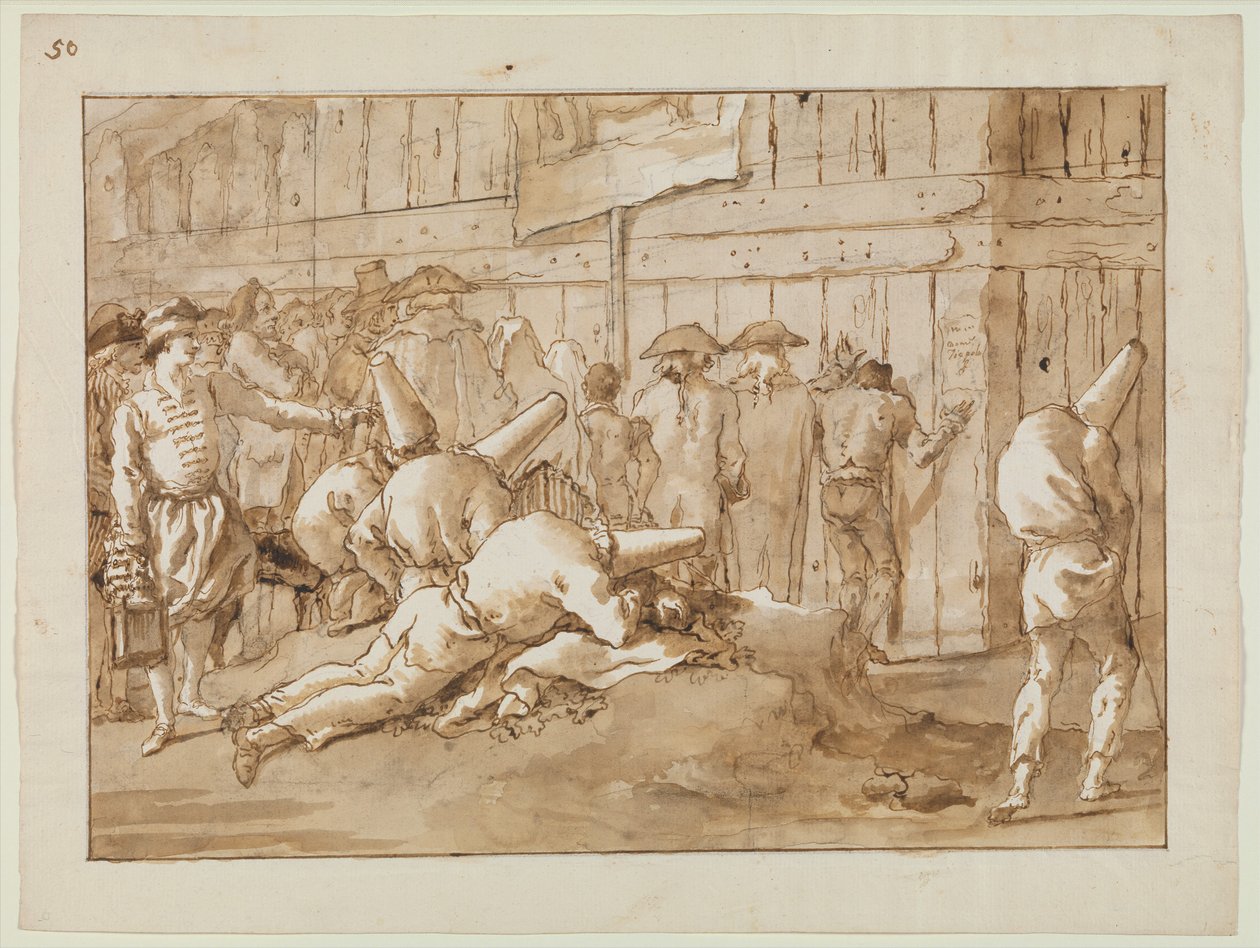 Punchinellos utanför en cirkus, ca 1800 av Giovanni Battista Tiepolo