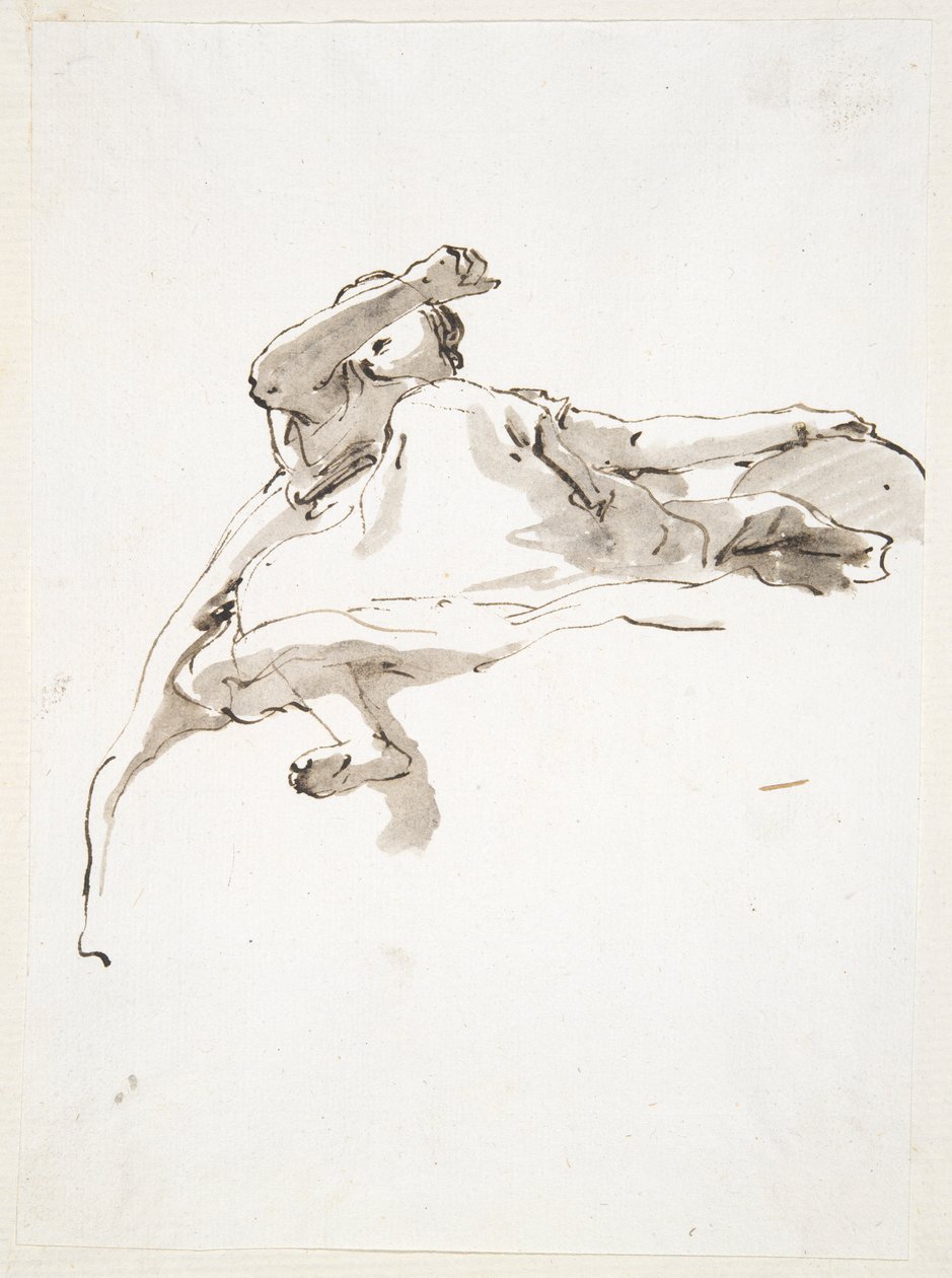 Lutande kvinnofigur, vänster hand vilande på jordklotet, höger arm upplyft framför ansiktet, sett underifrån av Giovanni Battista Tiepolo