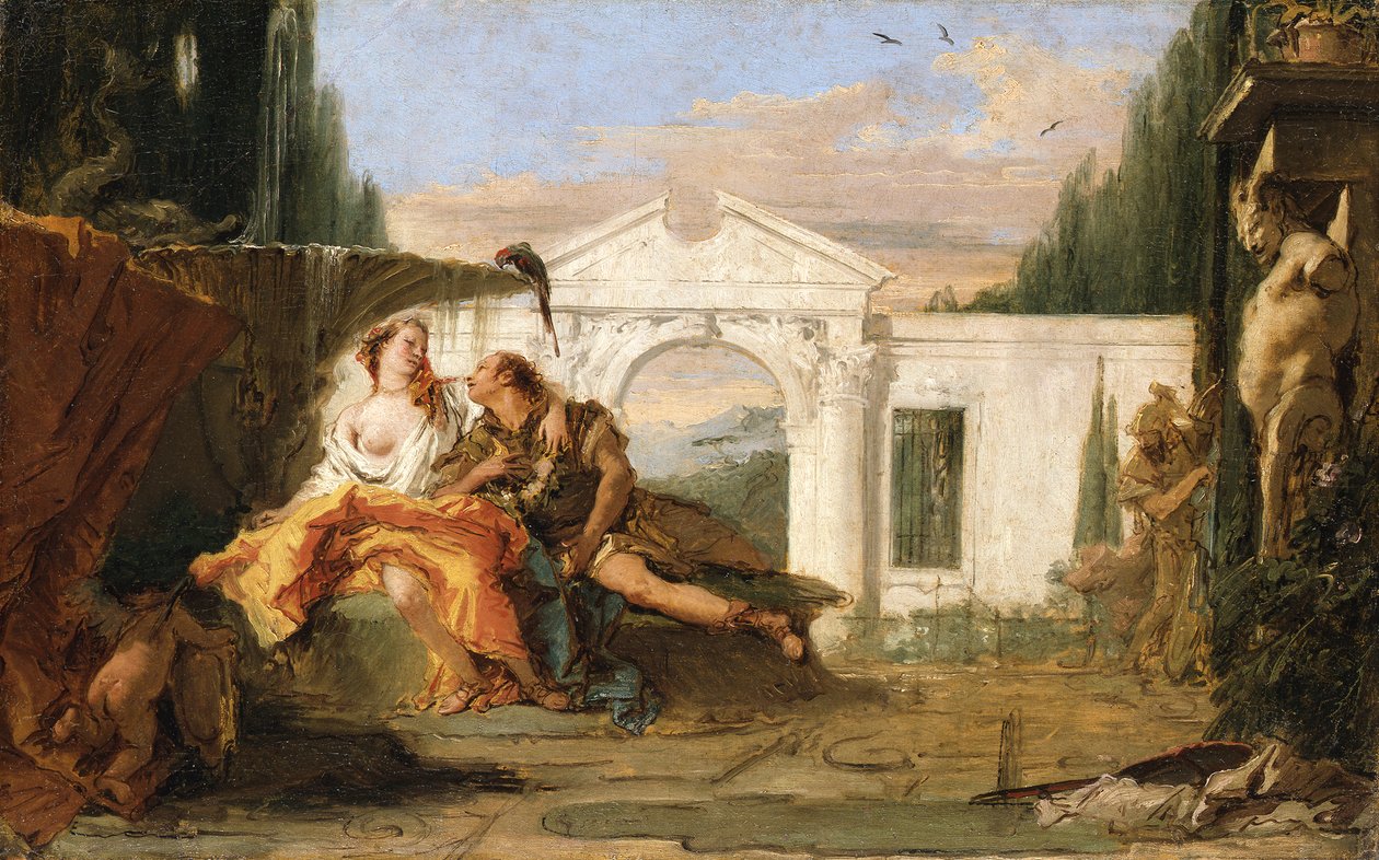 Rinaldo och Armida i Armidas förtrollade trädgård, avlyssnade av Carlo och Ubaldo av Giovanni Battista Tiepolo