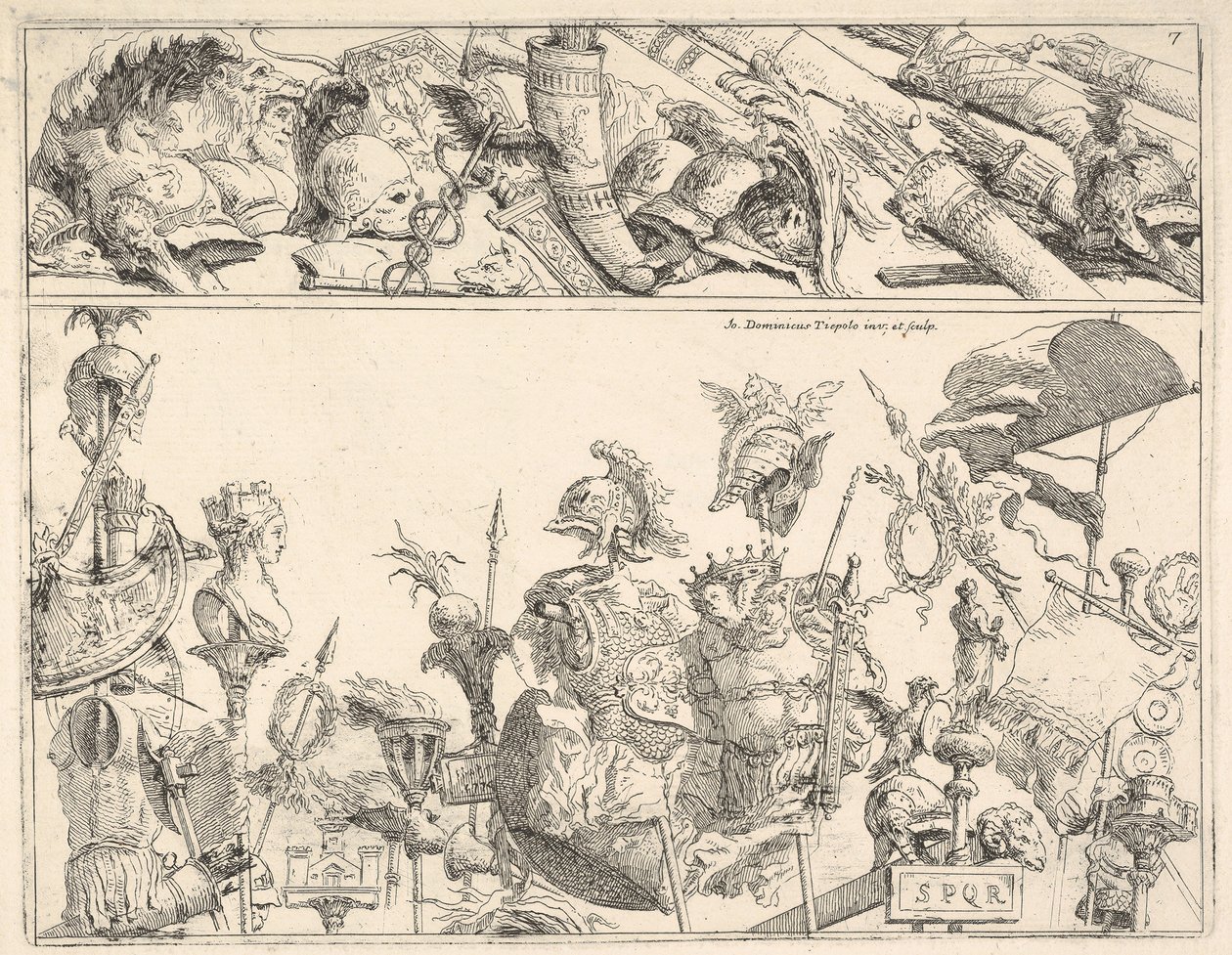 Romerska vapen, standarder och troféer, en komposition uppdelad i två horisontella band, 1774. av Giovanni Battista Tiepolo