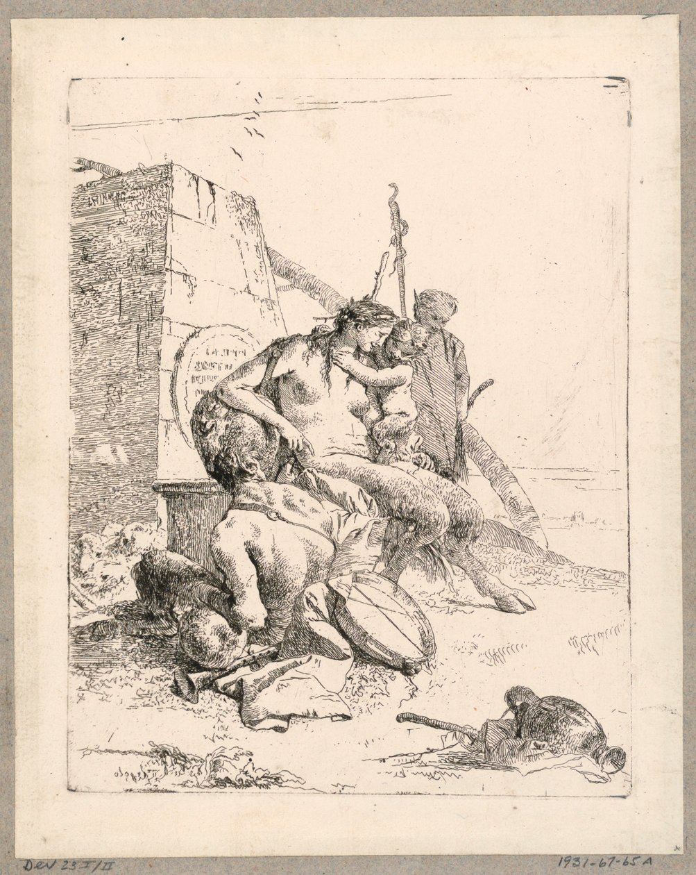 Satyrfamilj med en obelisk, tallrik 11 från Scherzi di Fantasia av Giovanni Battista Tiepolo