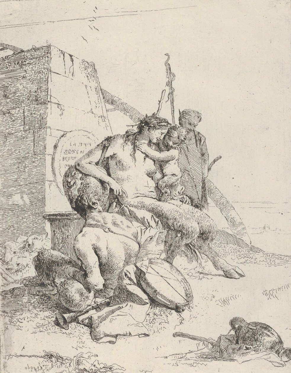 Satyrfamiljen med obelisken, från Scherzi, ca. 1743-50. av Giovanni Battista Tiepolo