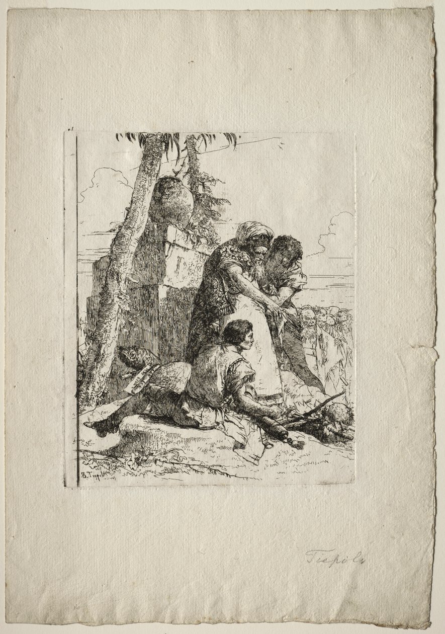 Scherzi di Fantasia: Trollkarl som pekar ut ett brinnande huvud till två ungdomar av Giovanni Battista Tiepolo