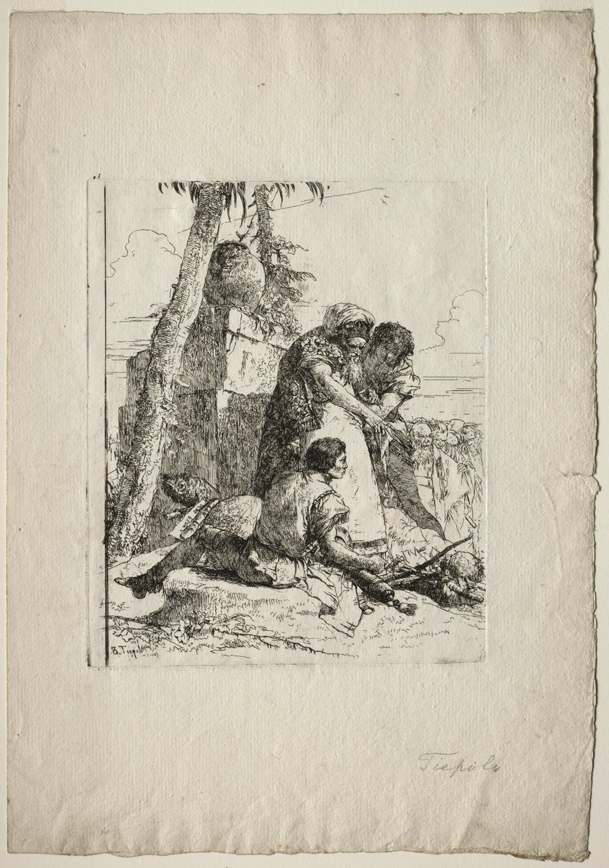 Scherzi di Fantasia: Magiker som pekar ut ett brinnande huvud till två ungdomar, 1750-talet. av Giovanni Battista Tiepolo