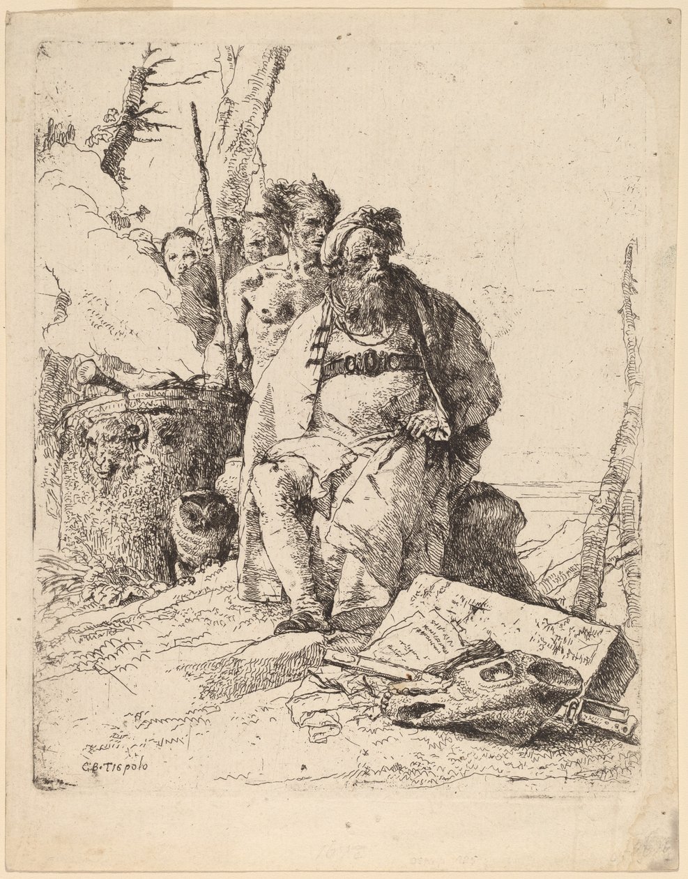 Sittande magiker med andra figurer bredvid ett altare av Giovanni Battista Tiepolo
