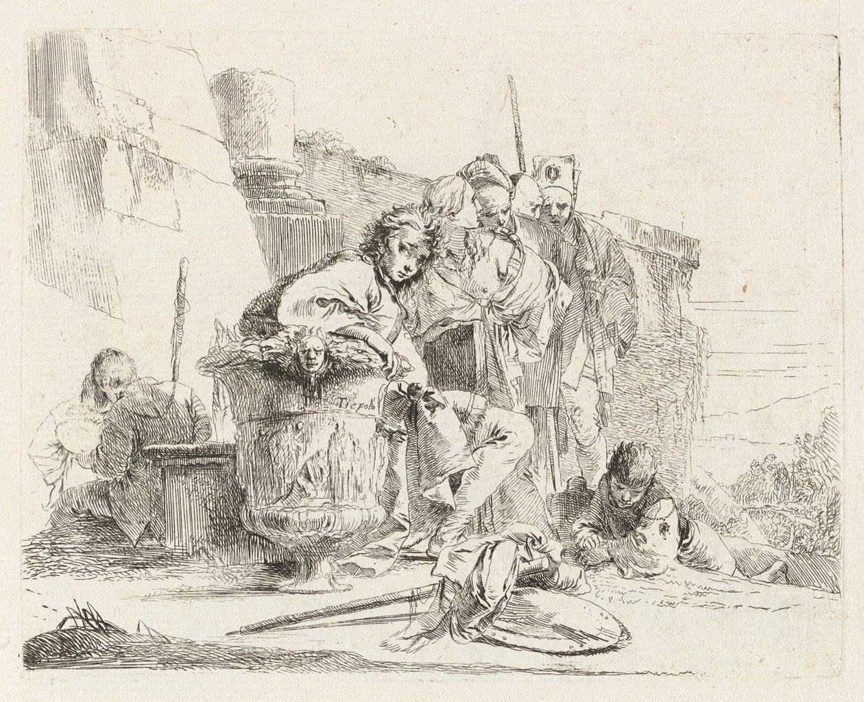 Sittande ungdom lutad mot en urna, från Vari capricci (Various Capriccios) av Giovanni Battista Tiepolo