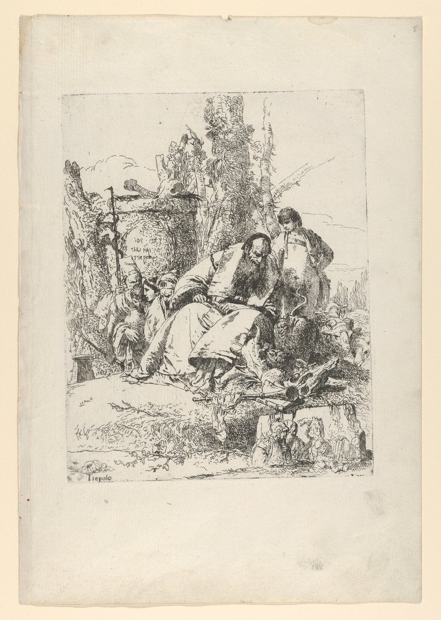 Sittande trollkarl, pojke och fyra figurer från Scherzi di Fantasia, ca. 1743-50. av Giovanni Battista Tiepolo