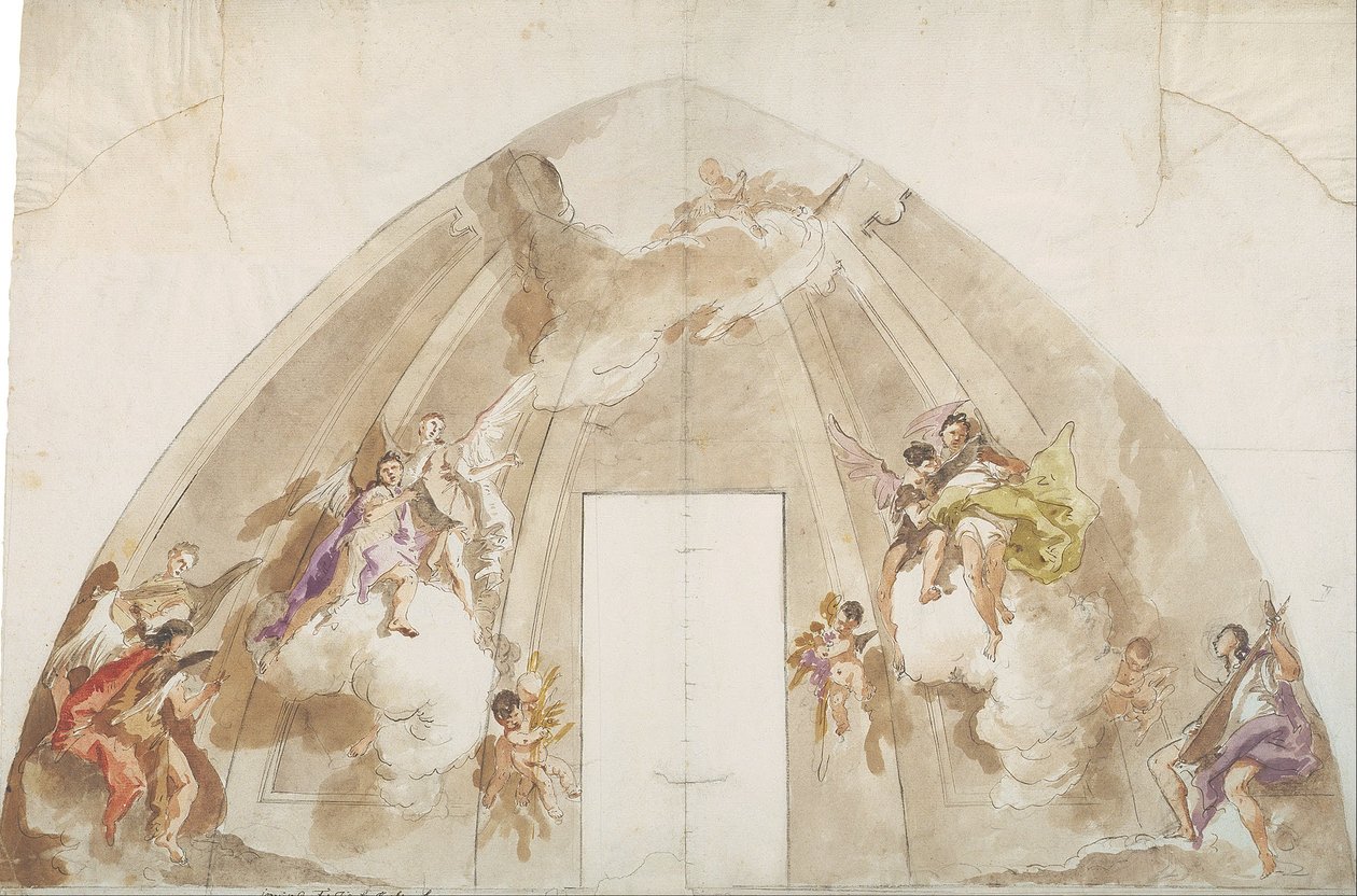 Sjungande och musikskapande änglar: Förberedande ritning för taket i Udines katedral av Giovanni Battista Tiepolo