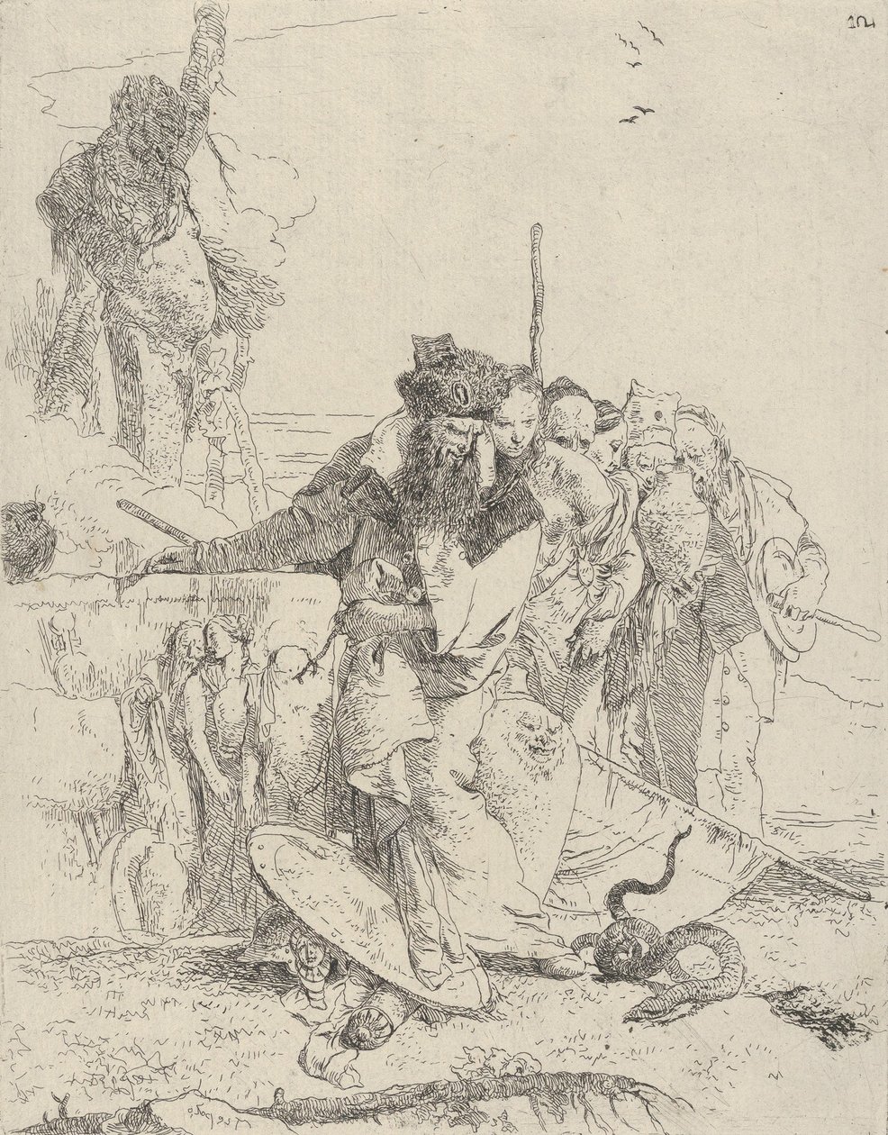 Sex personer tittar på en orm, från Scherzi, ca. 1743-50. av Giovanni Battista Tiepolo