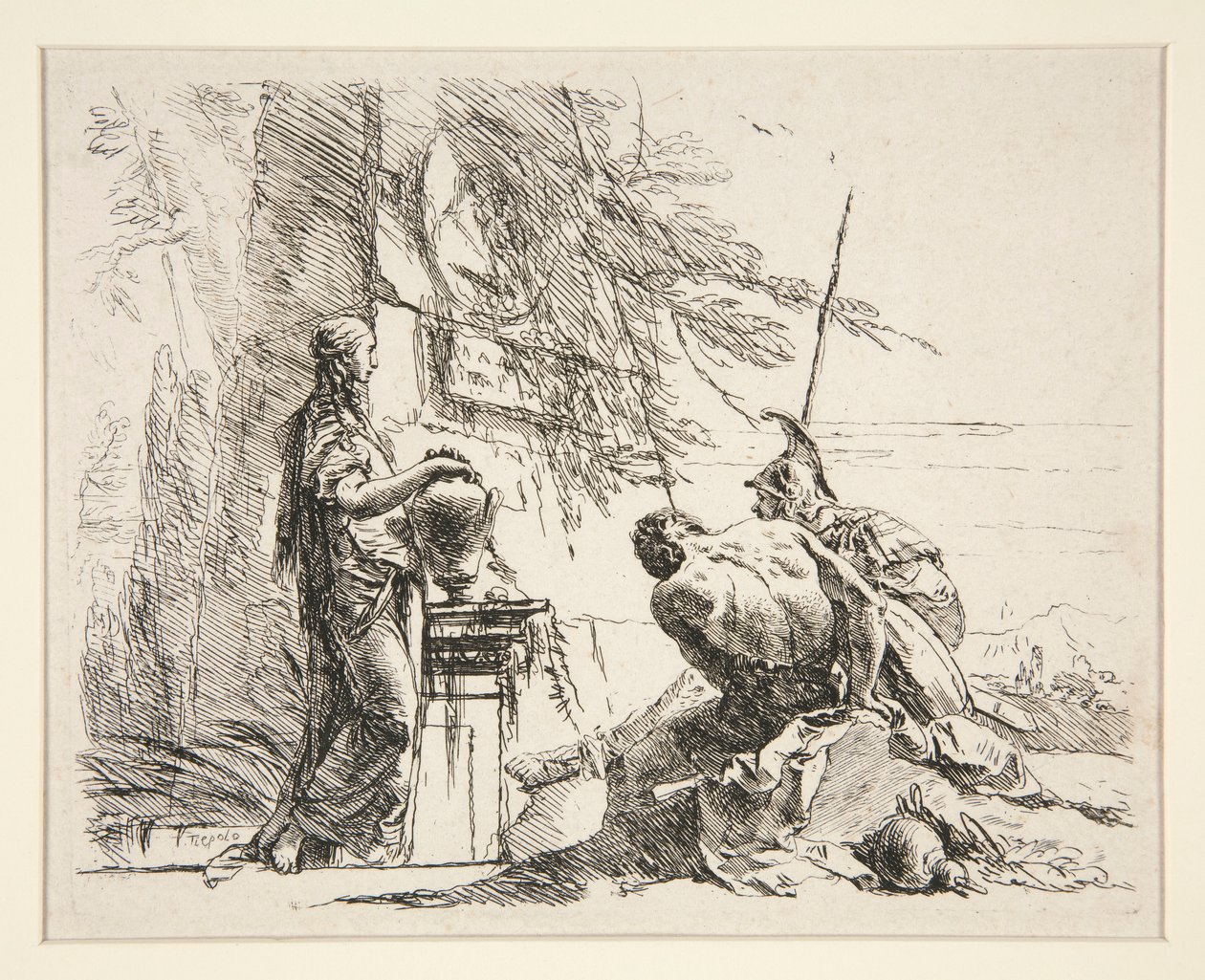 Stående kvinna och sittande man framför en obelisk, från serien Vari Capricci av Giovanni Battista Tiepolo