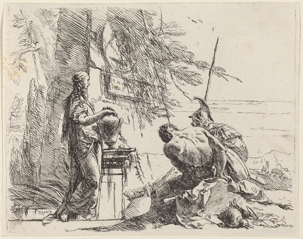 Stående kvinna och sittande män framför en obelisk av Giovanni Battista Tiepolo