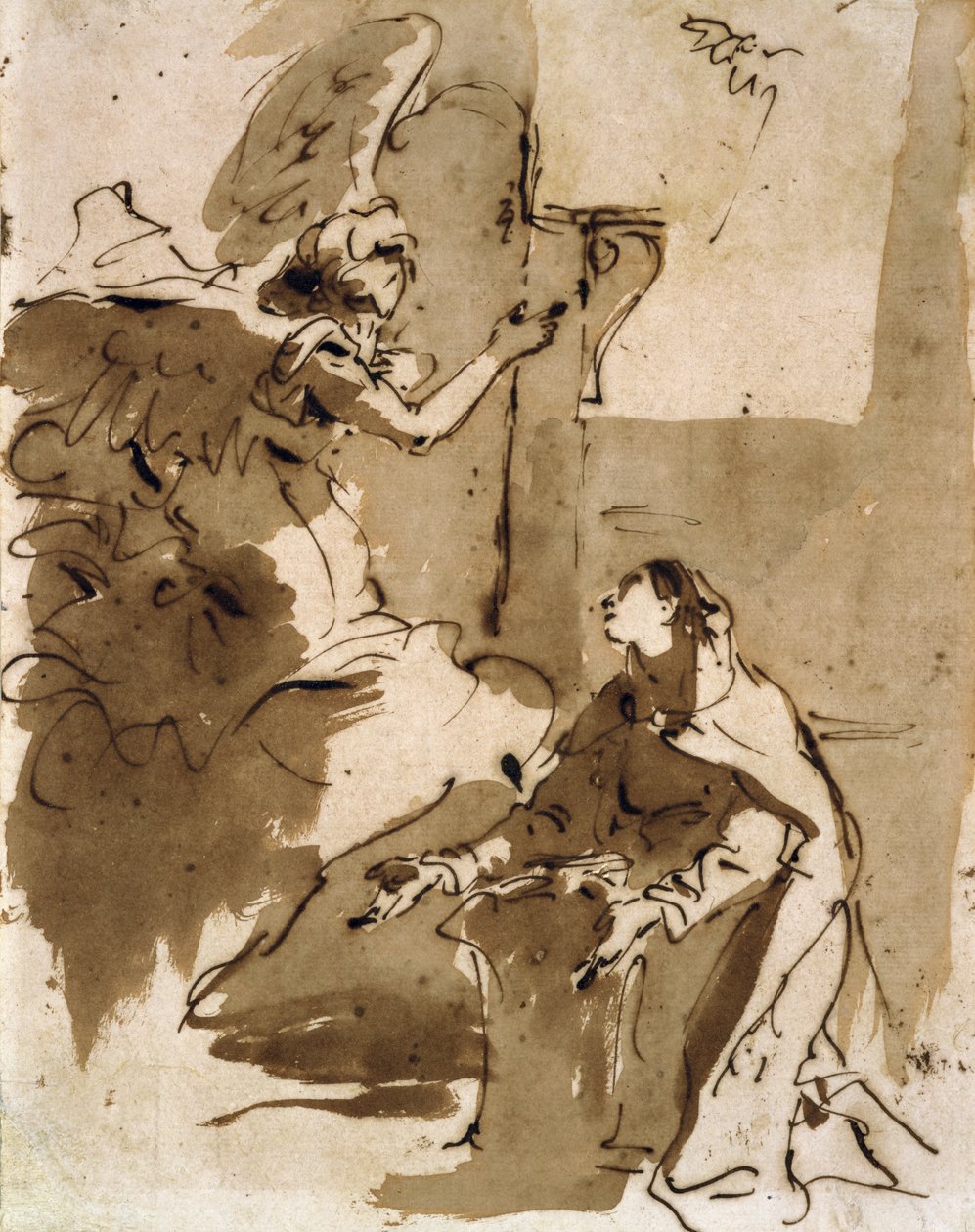 Bebådelsen (penna & brunt bläck och brunt tvätt på papper) av Giovanni Battista Tiepolo