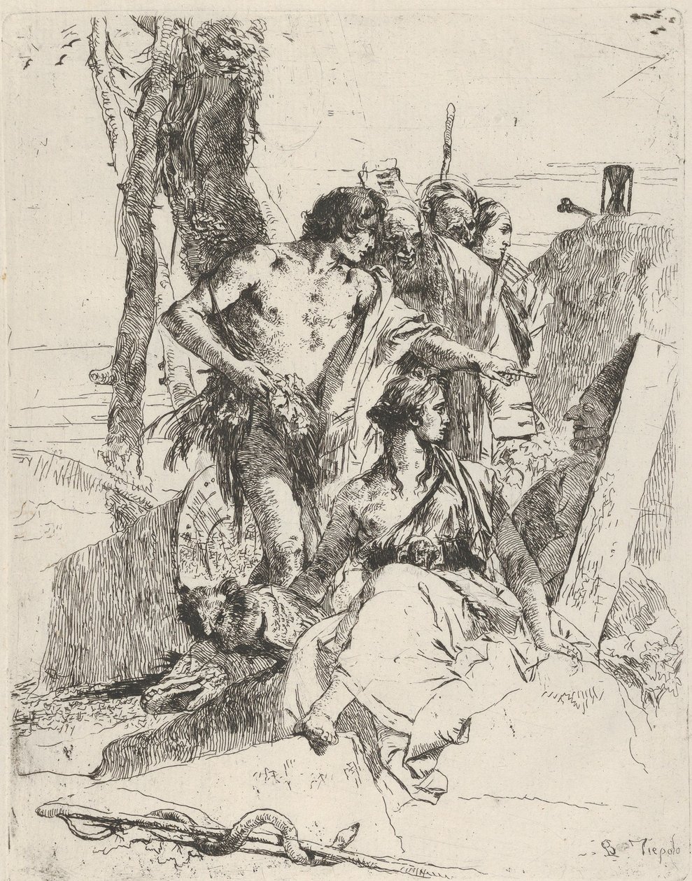 Upptäckten av Punchinellos grav, från Scherzi, ca. 1743-50. av Giovanni Battista Tiepolo