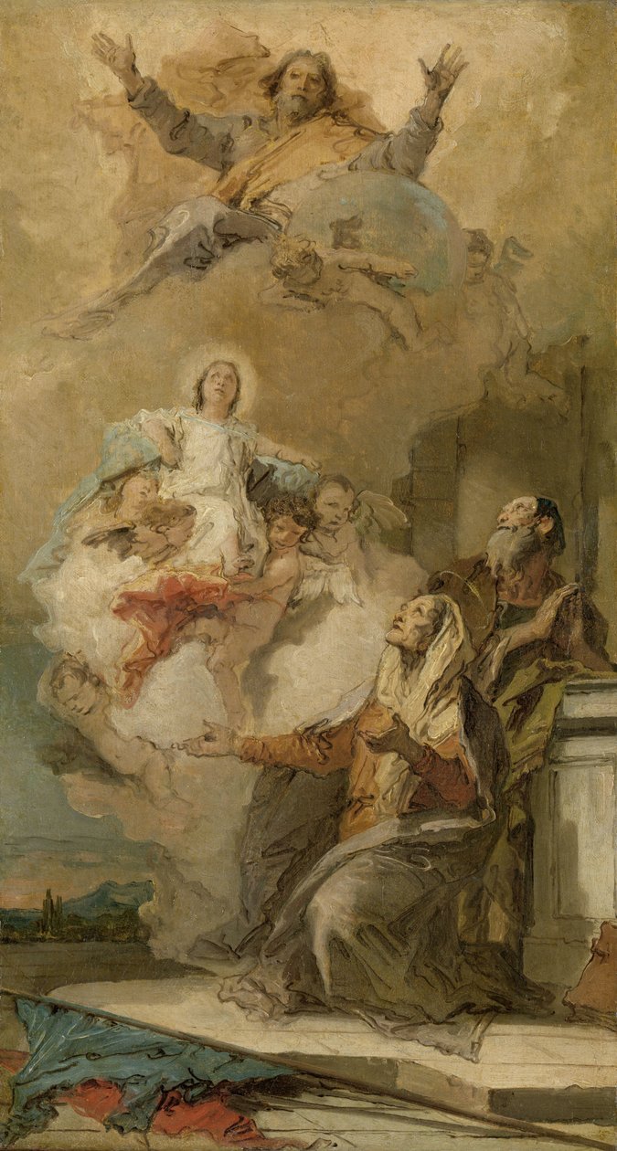 Den obefläckade avlelsen (Joachim och Anna tar emot Jungfru Maria från Gud Fadern) Jungfru Maria presenteras för de heliga Joachim och Anna av Gud Fadern av Giovanni Battista Tiepolo