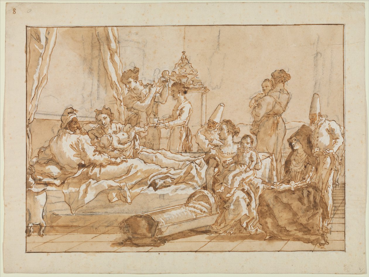 Spädbarnet Punchinello i sängen med sina föräldrar, ca 1800 av Giovanni Battista Tiepolo