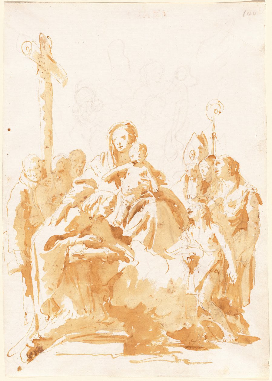 Die Jungfrau und das Kind, verehrt von Bischöfen, Mönchen und Frauen av Giovanni Battista Tiepolo