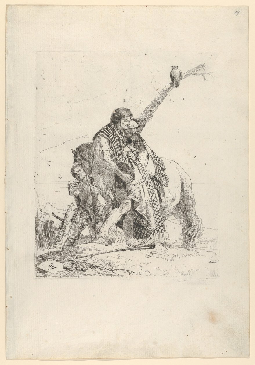 Tre män som står bredvid en häst, från Scherzi, ca. 1740. av Giovanni Battista Tiepolo
