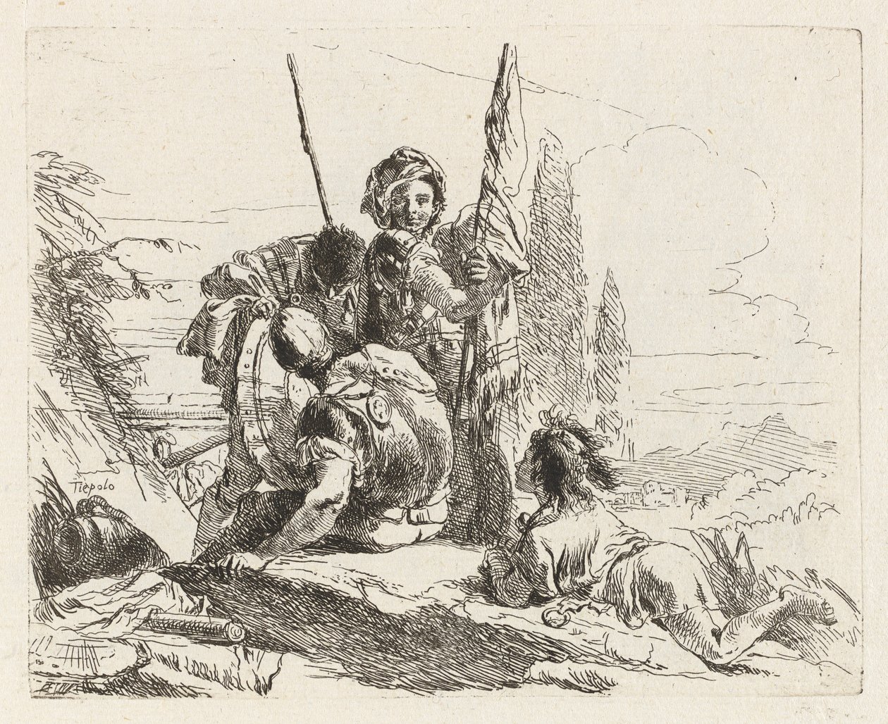 Three Soldiers and a Boy, från Vari capricci (Various Capriccios) av Giovanni Battista Tiepolo