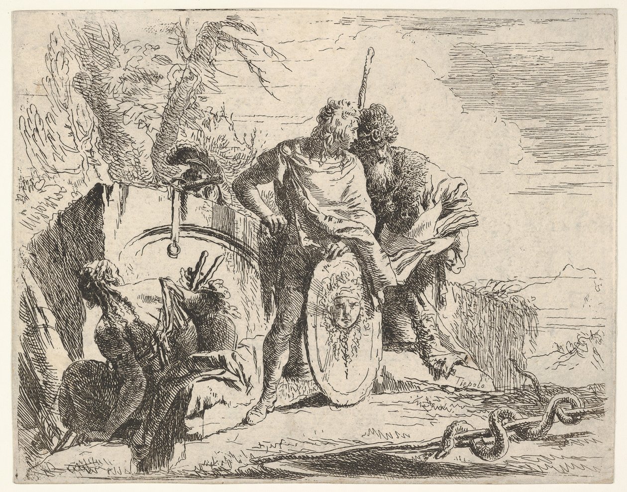 Tre figurer och en orm ringlade runt en stav, omgiven av ett landskap, ce..., 1700-talet. av Giovanni Battista Tiepolo