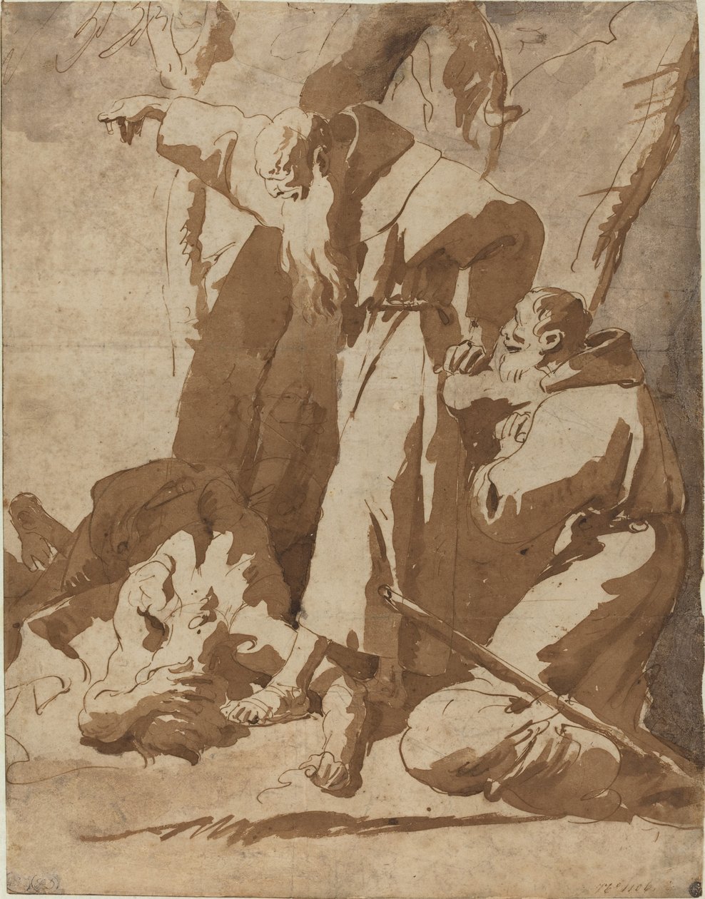 Två munkar med en liggande man av Giovanni Battista Tiepolo