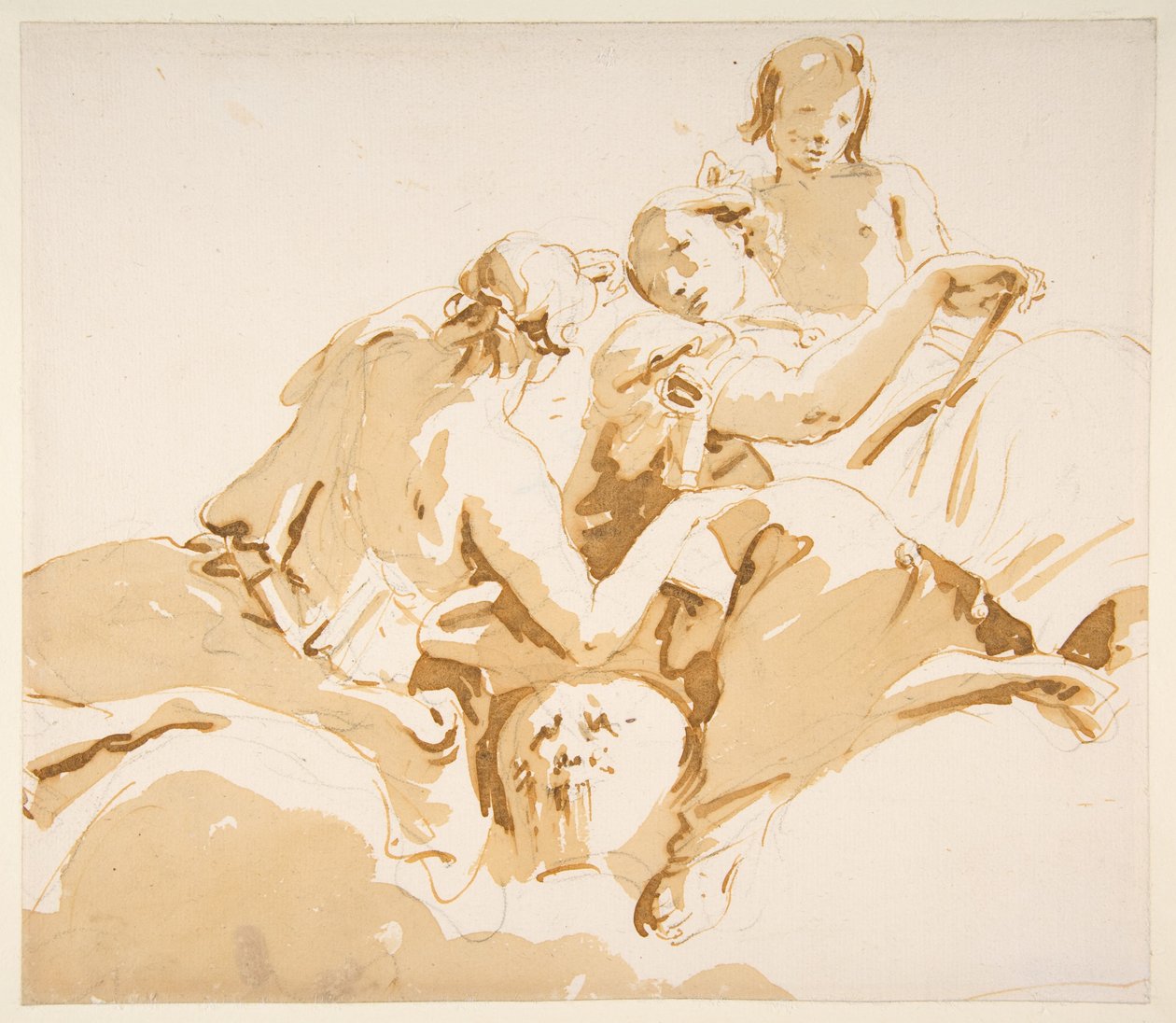 Zwei sitzende Frauen und ein Junge auf Wolken av Giovanni Battista Tiepolo
