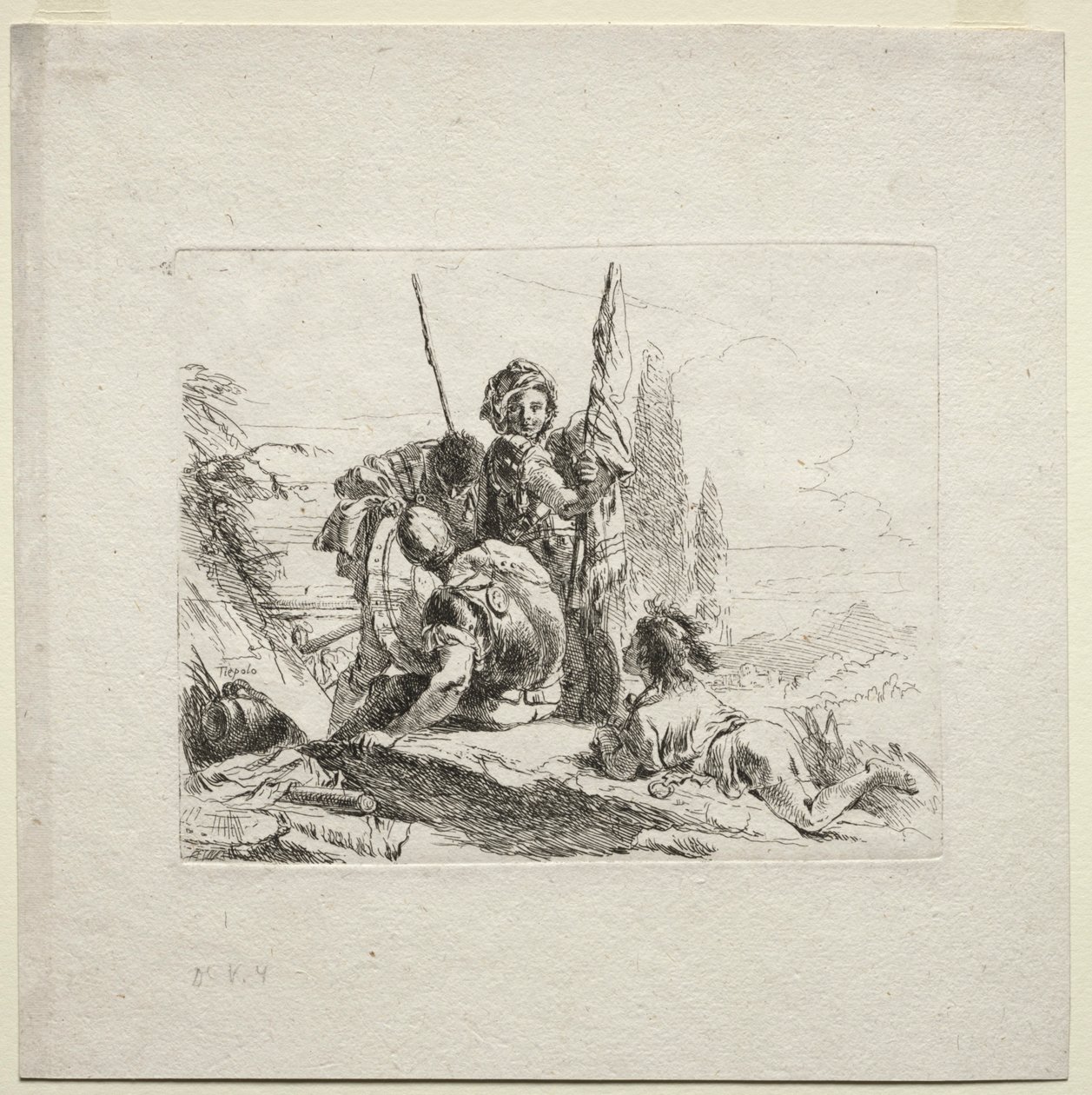 Olika Caprices: The Three Soldiers and the Boy, 1785. av Giovanni Battista Tiepolo
