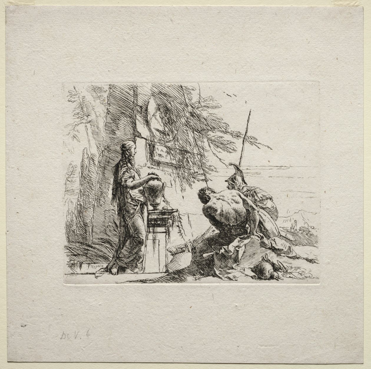 Olika Caprices: Kvinnan som står med händerna på en vas av Giovanni Battista Tiepolo