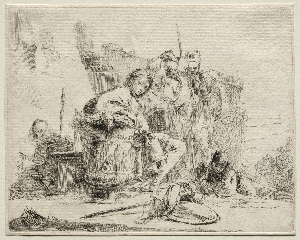 Olika Caprices: Ung man sittande, lutad mot en urna. av Giovanni Battista Tiepolo