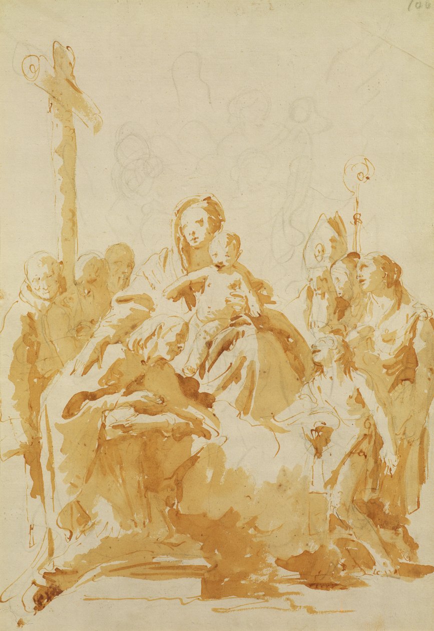 Jungfru och barn älskad av biskopar, munkar och kvinnor, 1735-40 (penna & brunt bläck med brun tvätt över svart krita på lagt papper) av Giovanni Battista Tiepolo