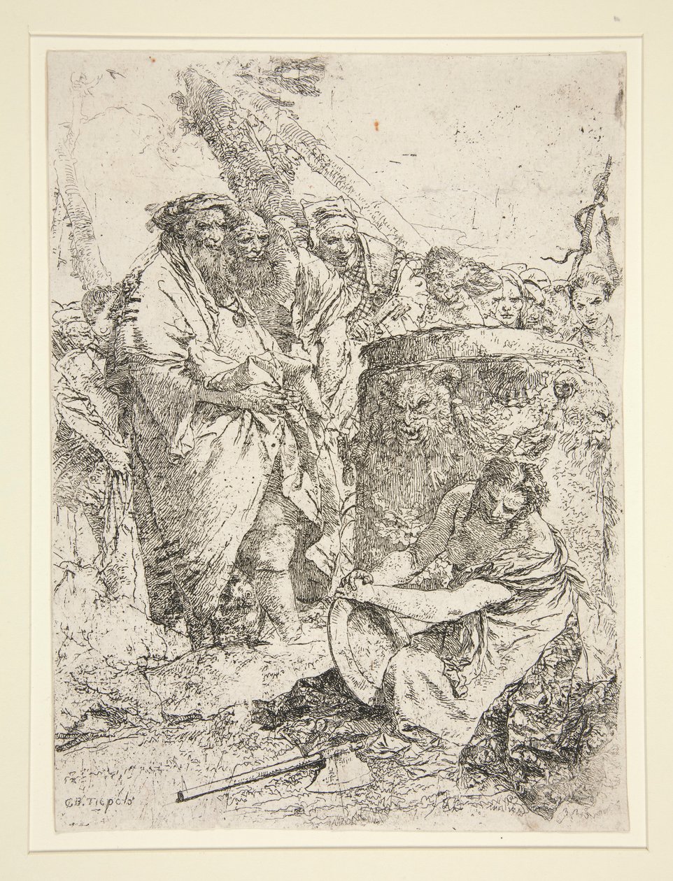 Kvinna som knäböjer och håller en maträtt, från serien Scherzi av Giovanni Battista Tiepolo