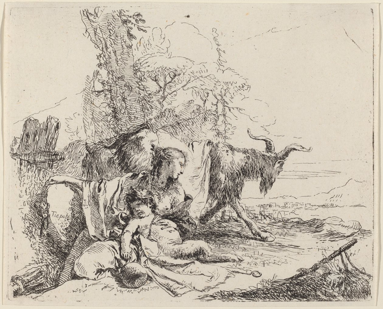 Kvinna, Satyrbarn och get i ett landskap av Giovanni Battista Tiepolo