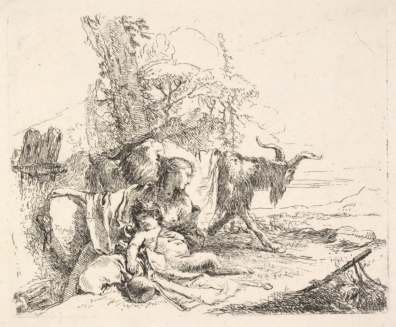 Kvinna och spädbarnssatyr i ett landskap, kvinnan vrider sig för att se över sin vänstra sko..., ca. 1740-42. av Giovanni Battista Tiepolo