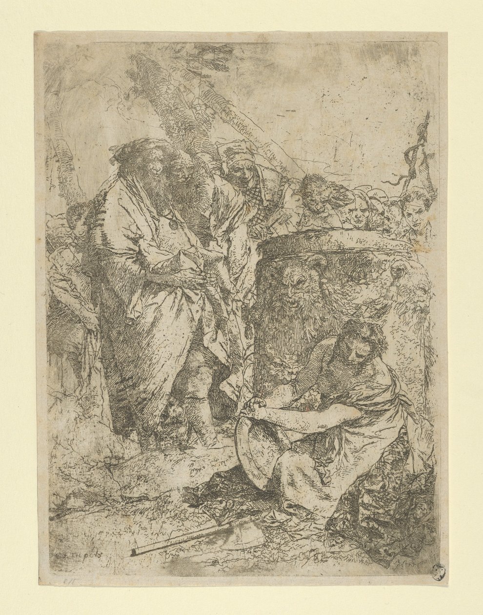 Kvinna som knäböjer framför magiker och andra figurer, från Scherzi, ca. 1740. av Giovanni Battista Tiepolo