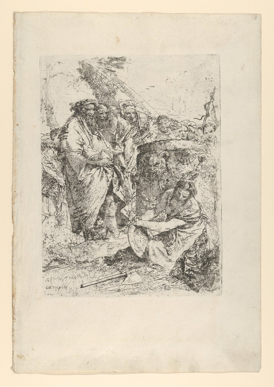 Kvinna som knäböjer framför magiker och andra figurer, från Scherzi, ca. 1743-50. av Giovanni Battista Tiepolo
