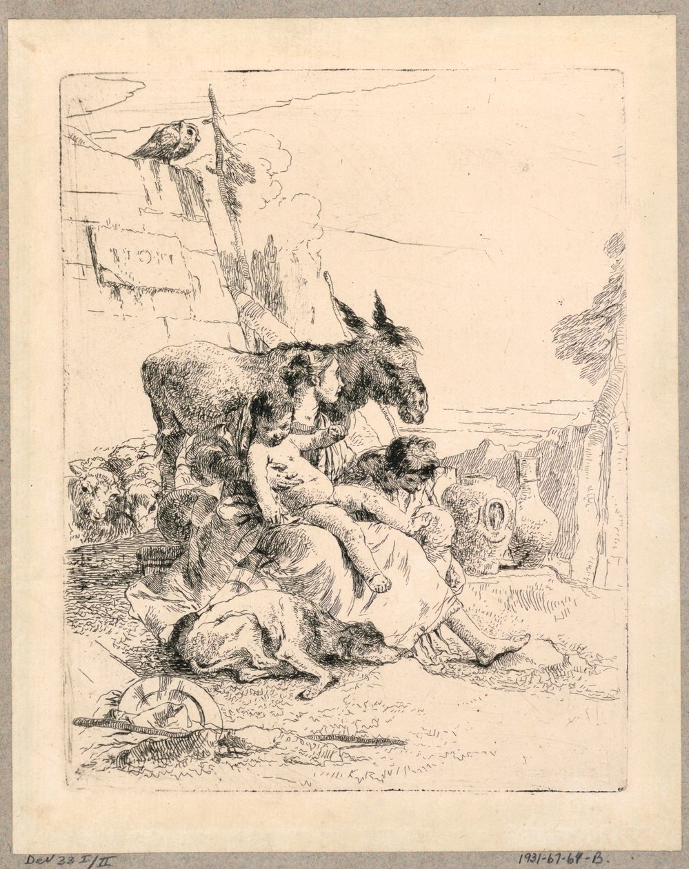 Kvinna med två barn och en åsna, tallrik 21 från Scherzi di Fantasia av Giovanni Battista Tiepolo